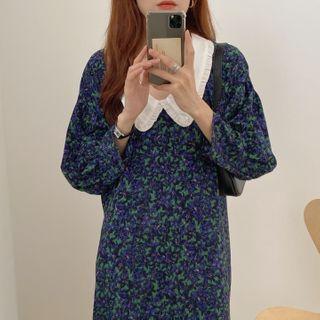 Flower Print Long-sleeve Midi Shift Dress Flower Print Cardigan - One Size