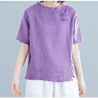 Set: Elbow-sleeve Frog Buttoned Top + Wide-leg Pants