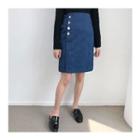 Band-waist Button-front Denim Skirt