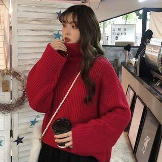 Turtleneck Chunky Knit Sweater Red - One Size