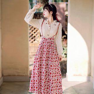 Lace Blouse / Floral Print Midi Overall Dress
