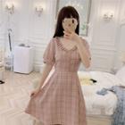 Short-sleeve Ruffled Plaid A-line Dress