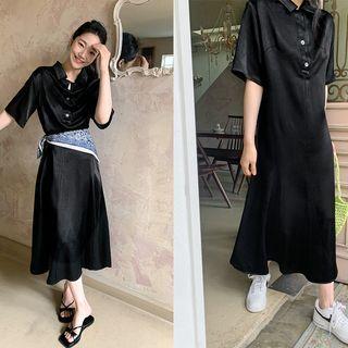 Flared Satin Long Shirtdress