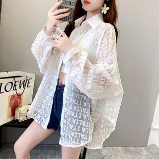 Lettering Sheer Long-sleeve Blouse