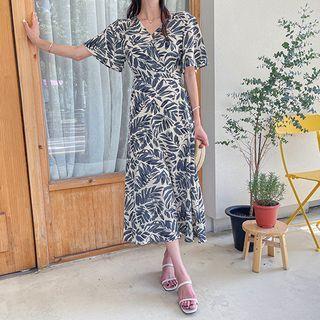 Leaf Print Wrap-front Midi Dress
