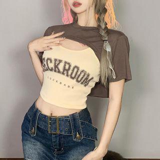 Mock Two-piece Elbow-sleeve Lettering Crop Top