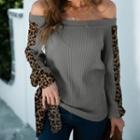 Leopard Print Long-sleeve Off-shoulder Knit Top