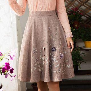 Wool Blend Embroidered Paneled A-line Skirt