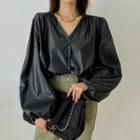 Balloon-sleeve Pleather Blouse Black - One Size