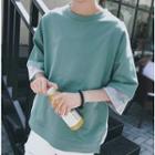 Mock Two-piece Embroidered Elbow-sleeve T-shirt