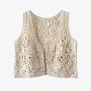 Open-front Crochet Vest Almond - One Size