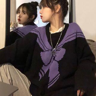 Ribbon Print Sweater Purple & Black - One Size