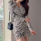 Long-sleeve Leopard Print Drawcord Mini Bodycon Dress