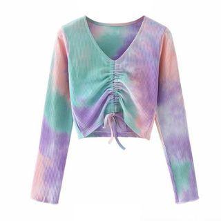 Long-sleeve Tie-dyed Drawstring Ribbed T-shirt