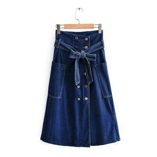 Double-breasted Denim Midi A-line Skirt