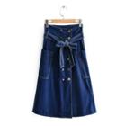Double-breasted Denim Midi A-line Skirt
