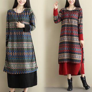 Print Long-sleeve Mock Two-piece Midi Dress