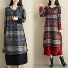 Print Long-sleeve Mock Two-piece Midi Dress