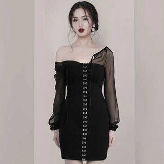 Chiffon-sleeve Hook And Eye Closure Sheath Mini Dress