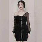Chiffon-sleeve Hook And Eye Closure Sheath Mini Dress