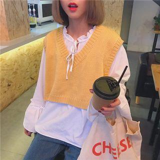 Cropped Knit Vest / Long-sleeve Plain Top