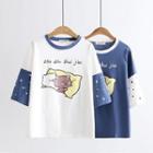 Color Block Pig Print Elbow-sleeve T-shirt