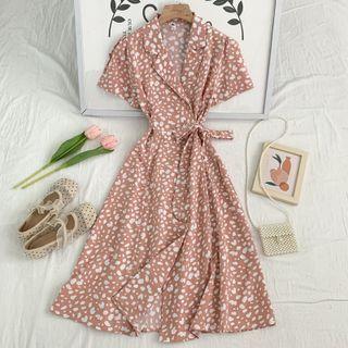 Puff-sleeve Lapel Midi Dress With Sash In 7 Colors