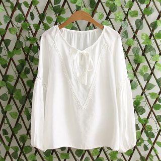 Crochet Panel Tie Neck Long Sleeve Top
