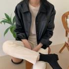 Collared Buttoned Boxy Pleather Jacket