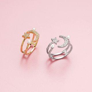 Stainless Steel Faux Pearl Rhinestone Moon & Star Open Ring