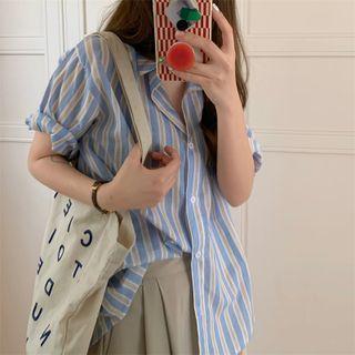 Elbow-sleeve Striped Shirt Stripes - Blue & White - One Size
