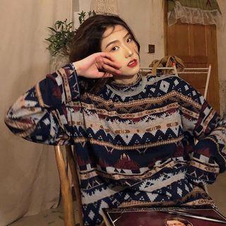 Patterned Mock-neck Long-sleeve Loose-fit Top