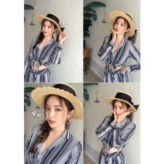 Cutout Tie-waist Stripe Maxi Shirtdress