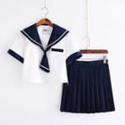Set: Sailor Collared Short-sleeve Top + Pleated Skirt