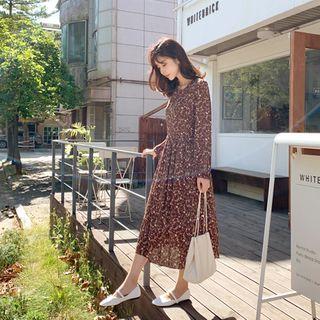Tie-waist Long Floral Dress Brown - One Size