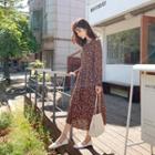 Tie-waist Long Floral Dress Brown - One Size