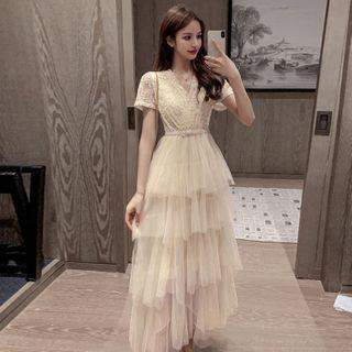 Short-sleeve Layered Maxi A-line Mesh Dress