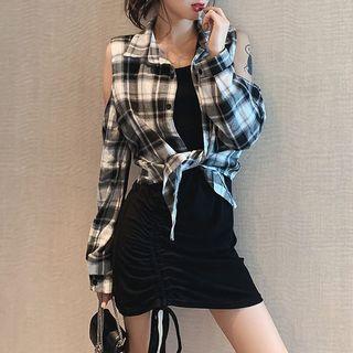 Long-sleeve Cold-shoulder Plaid Shirt / Spaghetti Strap Mini Dress Set Of 2 - As Shown In Figure - One Size