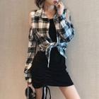 Long-sleeve Cold-shoulder Plaid Shirt / Spaghetti Strap Mini Dress Set Of 2 - As Shown In Figure - One Size