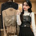 Long-sleeve Dotted Top / Faux Leather Camisole Top