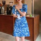 Short-sleeve Square-neck Floral Print Denim Sheath Dress
