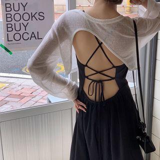 Spaghetti Strap Open-back Dress / Long-sleeve Sheer Cropped Top