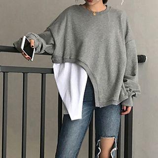 Crew-neck Asymmetric Hem Pullover Fleece-lined - Gray - One Size