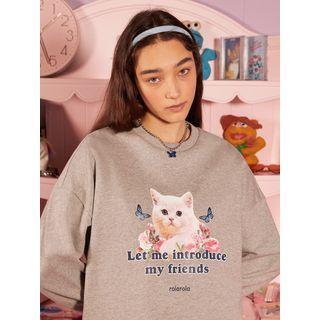 Cat-printed Boxy Sweatshirt Gray - One Size