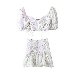 Floral Print Drawstring Crop Top / A-line Mini Skirt