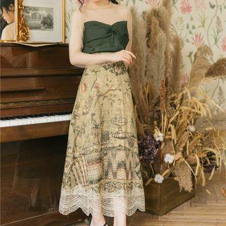 Set: Mesh Panel Long-sleeve Top + Lace Trim Printed Midi A-line Skirt