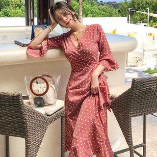 Bell-sleeve Dotted Wrap Midi Chiffon Dress