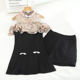 Set: Flower Print Qipao + Plain Shorts