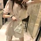 Short-sleeve Ruffle Trim Tweed Jacket / Ruffle Trim Bow Accent Skirt