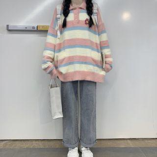 Polo-neck Color Block Striped Sweater